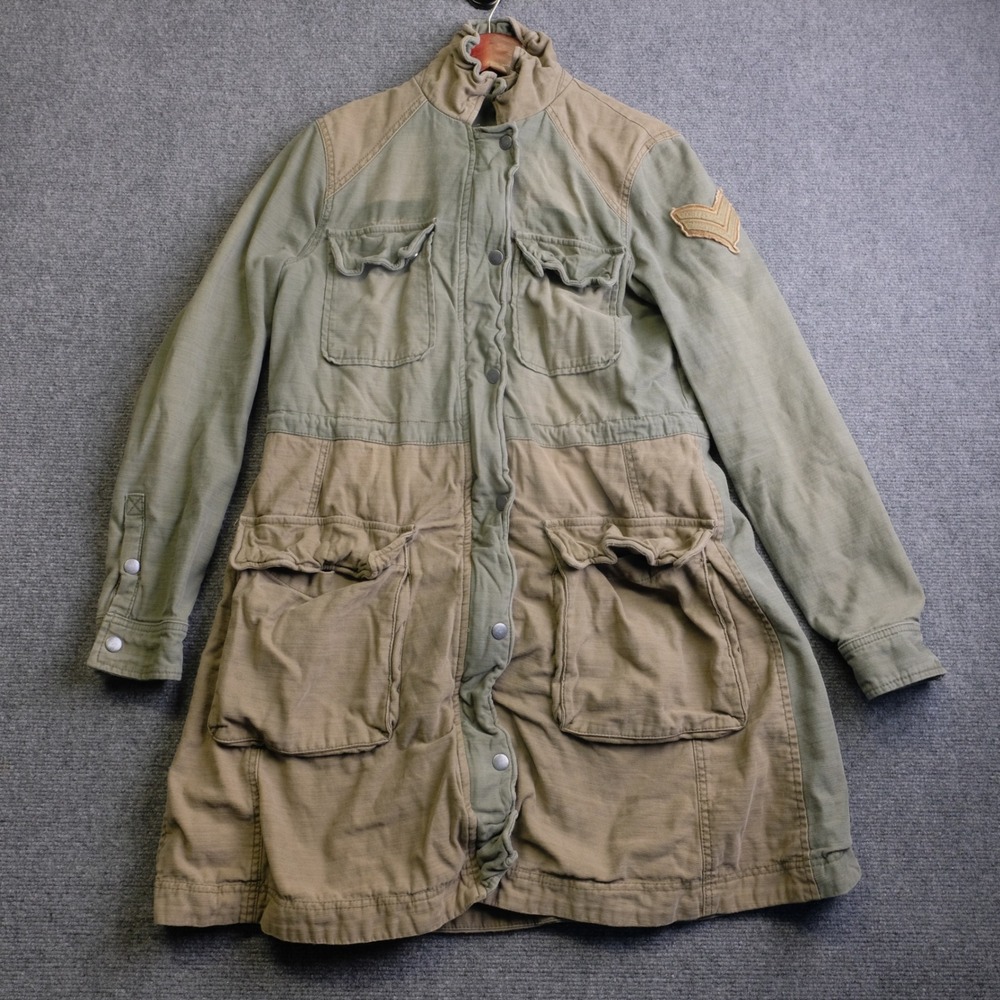 Free People Military Field Jacket Womens Small Green Tan Plaid Lined Anorak Coat